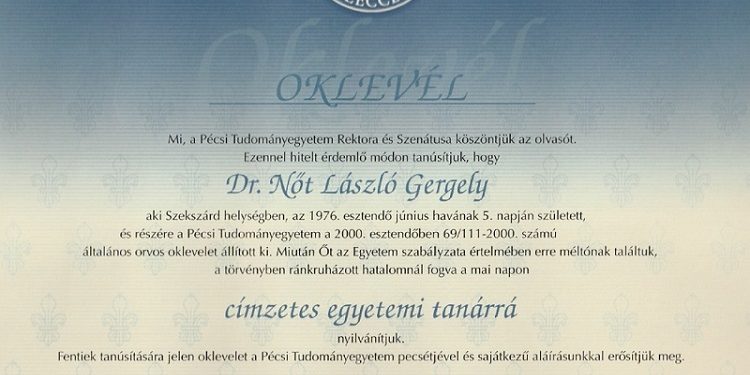 A PTE címzetes egyetemi tanára kitüntető címet vehette át Dr. Nőt László, a Traumatológiai-Ortopédiai Összevont Osztály osztályvezető főorvosa